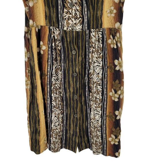 Vtg 80s Tropical Floral Button Front Dress Sz M Sleeveless Rayon Brown Pockets - Picture 8 of 12